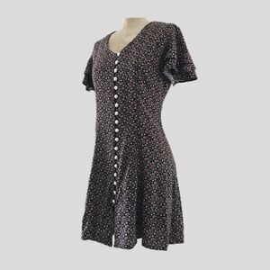 Vintage 1990s Ditzy Floral Short Sleeve Pearl Button Front  V Neck Mini Dress S